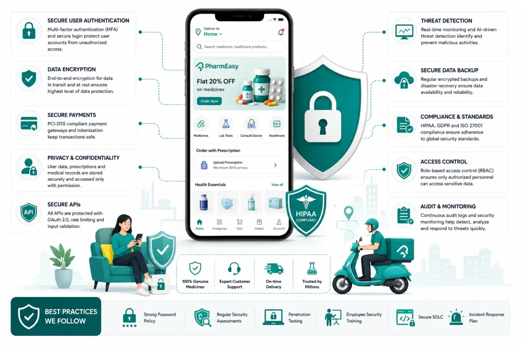PharmEasy healthcare app security infographic showing HIPAA compliance, data encryption, secure APIs, MFA authentication, and healthcare platform protection features