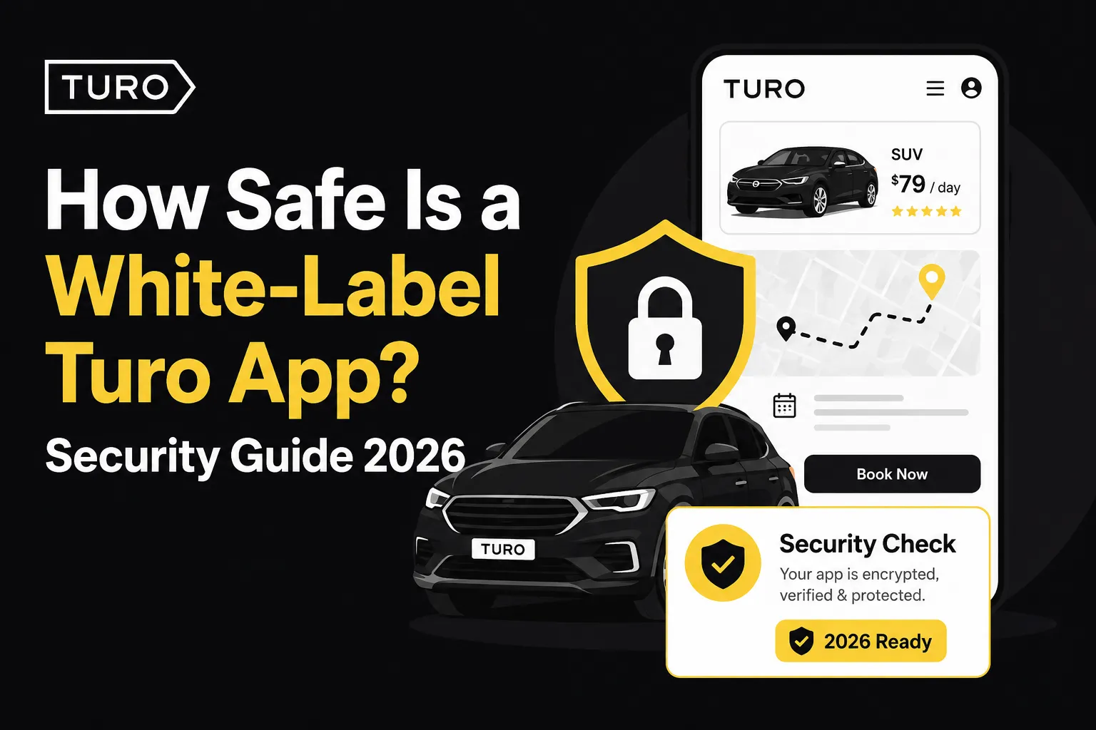 White-label Turo app security guide visual showing car rental mobile app, vehicle booking, location tracking, security shield, encrypted app check, and 2026-ready protection.
