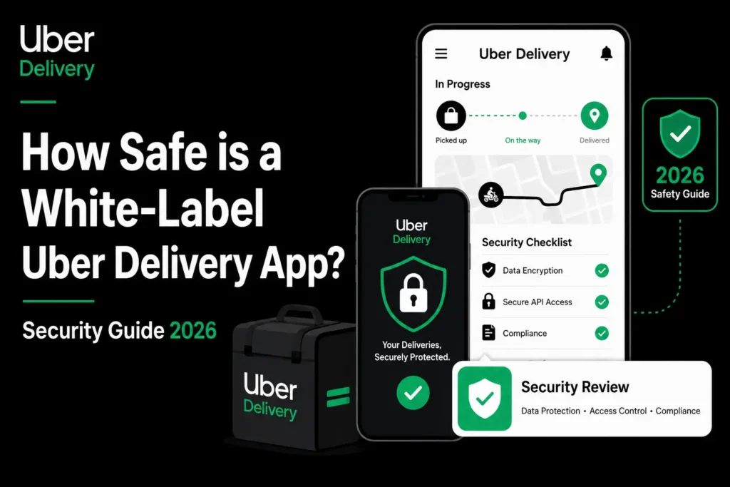 White-label Uber Delivery app security featured image showing delivery tracking, security checklist, data encryption, secure API access, compliance, access control, security review, and 2026 safety guide.