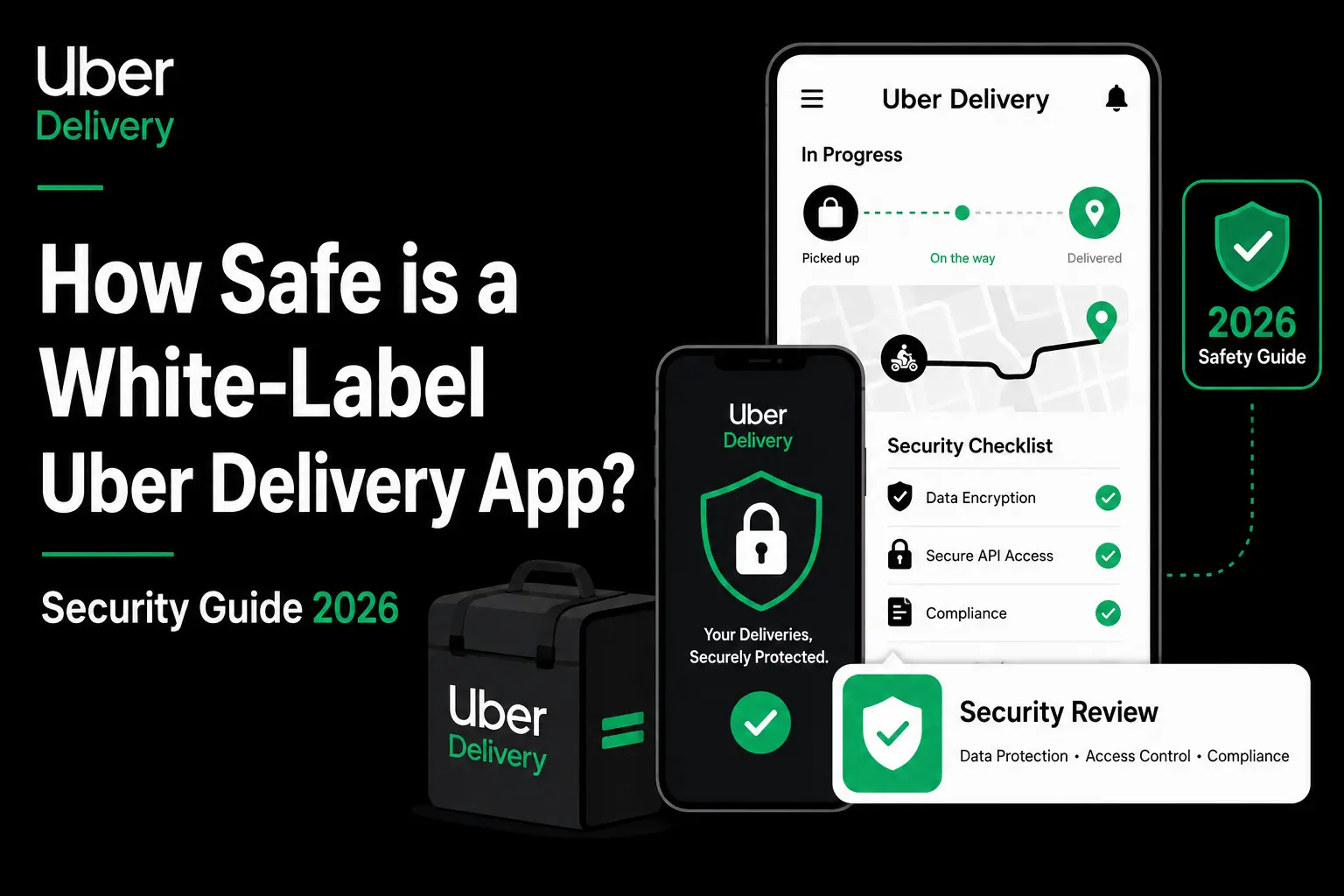 White-label Uber Delivery app security featured image showing delivery tracking, security checklist, data encryption, secure API access, compliance, access control, security review, and 2026 safety guide.