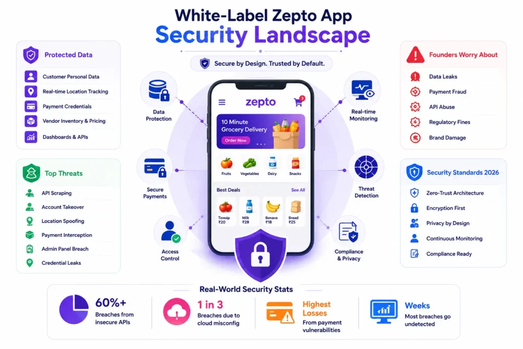How Safe is a White-Label Zepto App? Security Guide 2026 1 White-label Zepto app security landscape showing data protection, secure payments, threat detection, compliance, and privacy controls