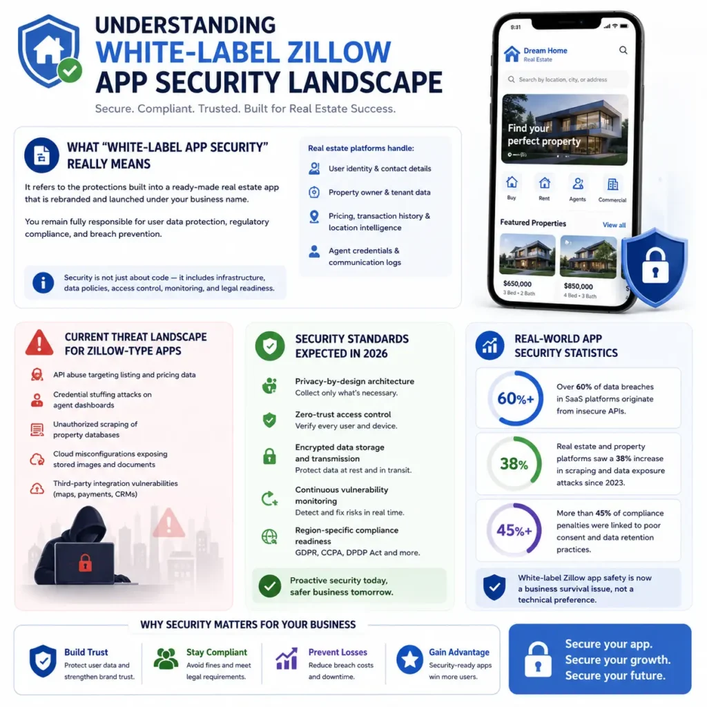 White-label Zillow app security infographic covering real estate data protection, API threats, unauthorized scraping, encrypted storage, access control, compliance, and monitoring.