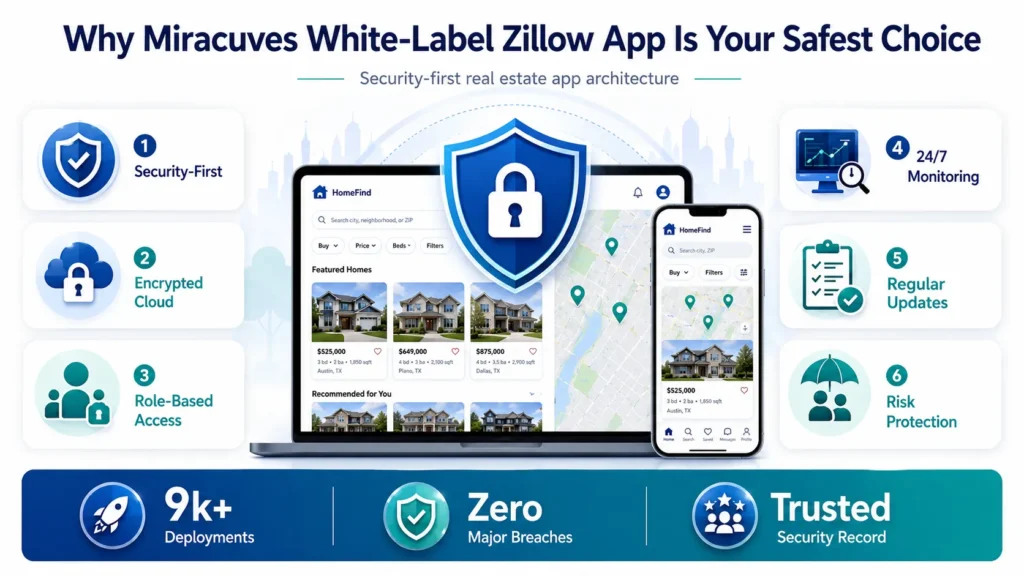 White-label Zillow app security visual showing real estate app architecture, encrypted cloud, role-based access, 24/7 monitoring, regular updates, risk protection, and secure property listing platform.