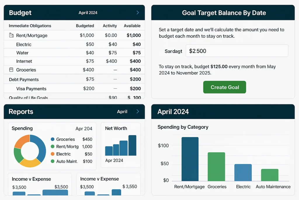 YNAB budgeting app dashboard showing April 2024 budget with immediate obligations like rent, utilities, groceries, and debt payments, alongside goal target balance setup, monthly spending reports, net worth overview, and spending by category bar charts.