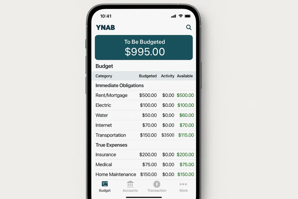 YNAB mobile budgeting app showing a zero-based budget screen with $995 to be budgeted, listing categories such as rent or mortgage, electric, water, internet, transportation, insurance, medical, and home maintenance with budgeted, activity, and available balances highlighted in green.