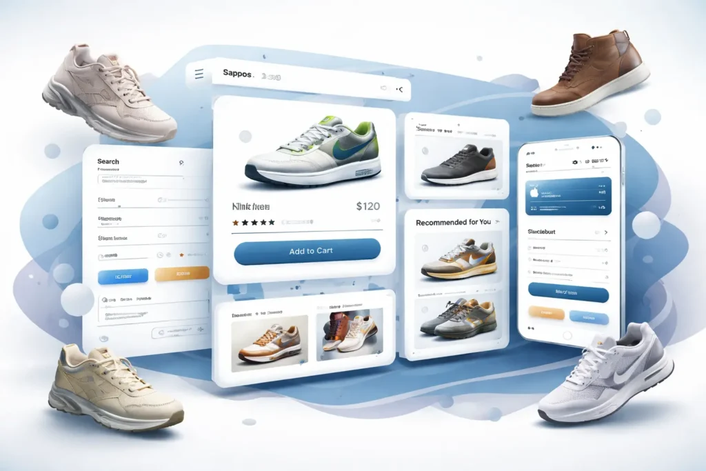 Zappos Clone Script footwear marketplace clone feature image showing premium ecommerce UI cards and shoe concept visuals