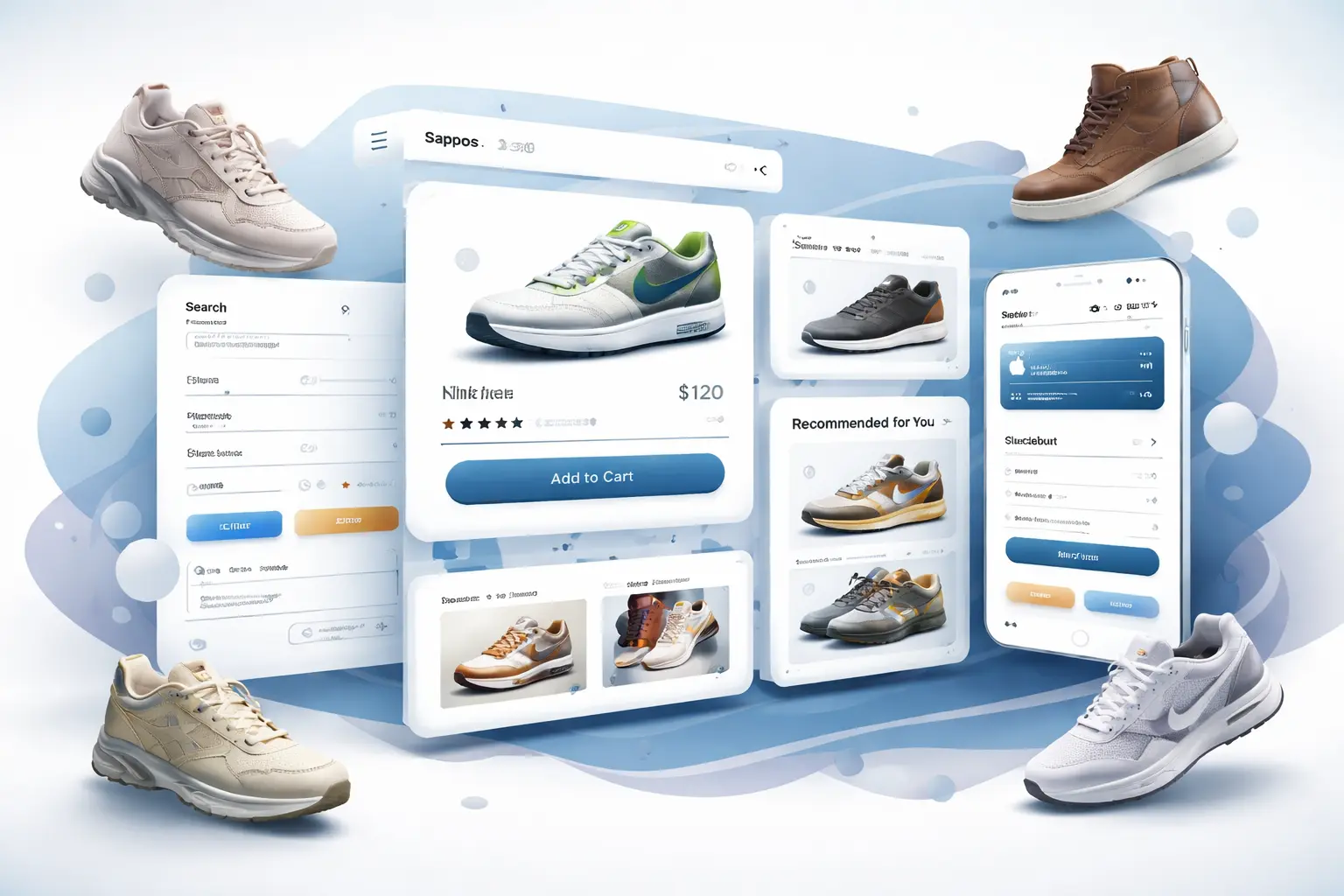Zappos Clone Script footwear marketplace clone feature image showing premium ecommerce UI cards and shoe concept visuals