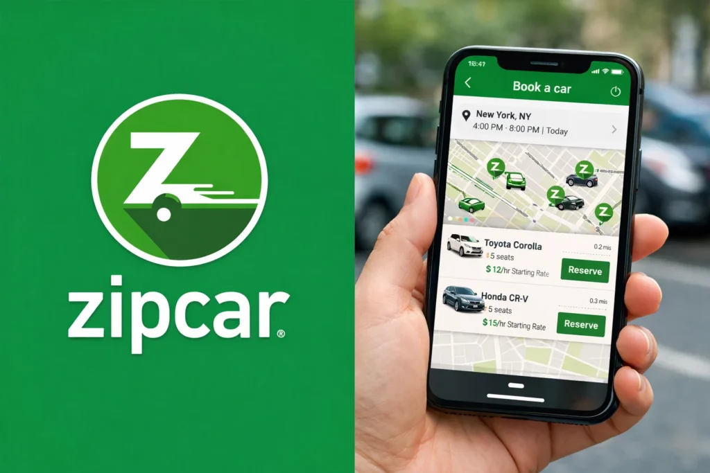 Zipcar car sharing mobile app interface showing nearby available cars on a city map, hourly pricing, vehicle details, and reserve button for instant self drive car booking in New York City.