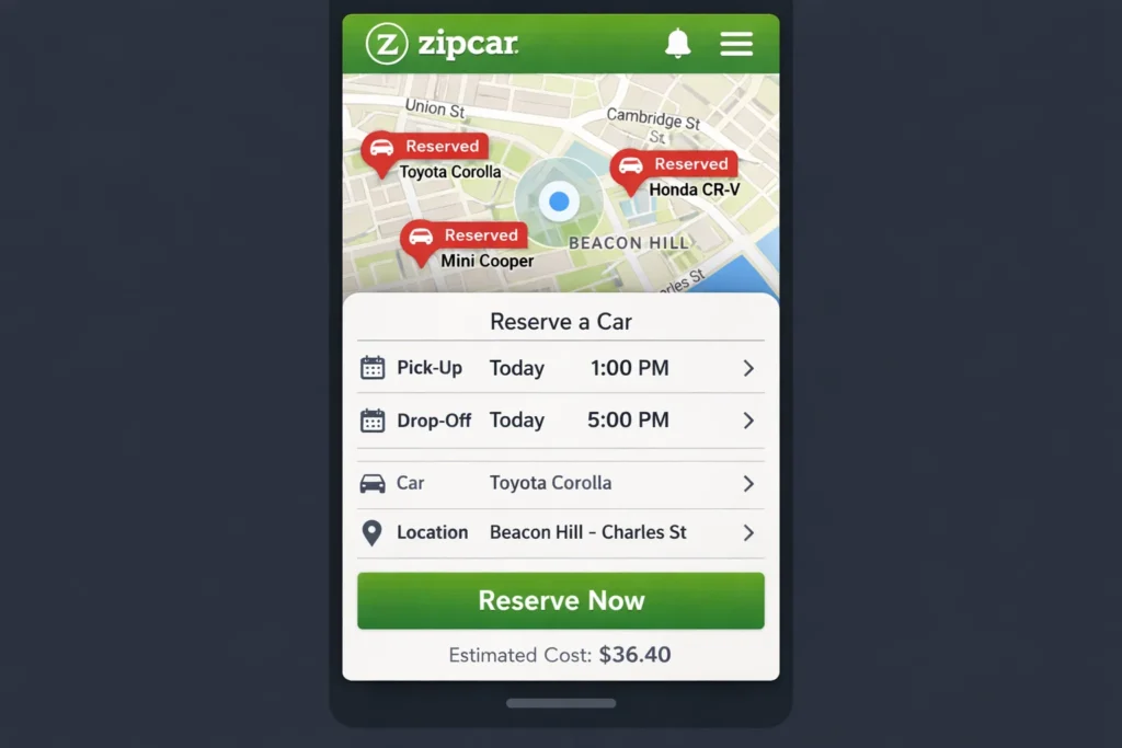 Zipcar car sharing mobile app showing reserved cars on a city map with pickup and drop off time selection, vehicle details, location, and estimated cost for hourly self drive car rental.