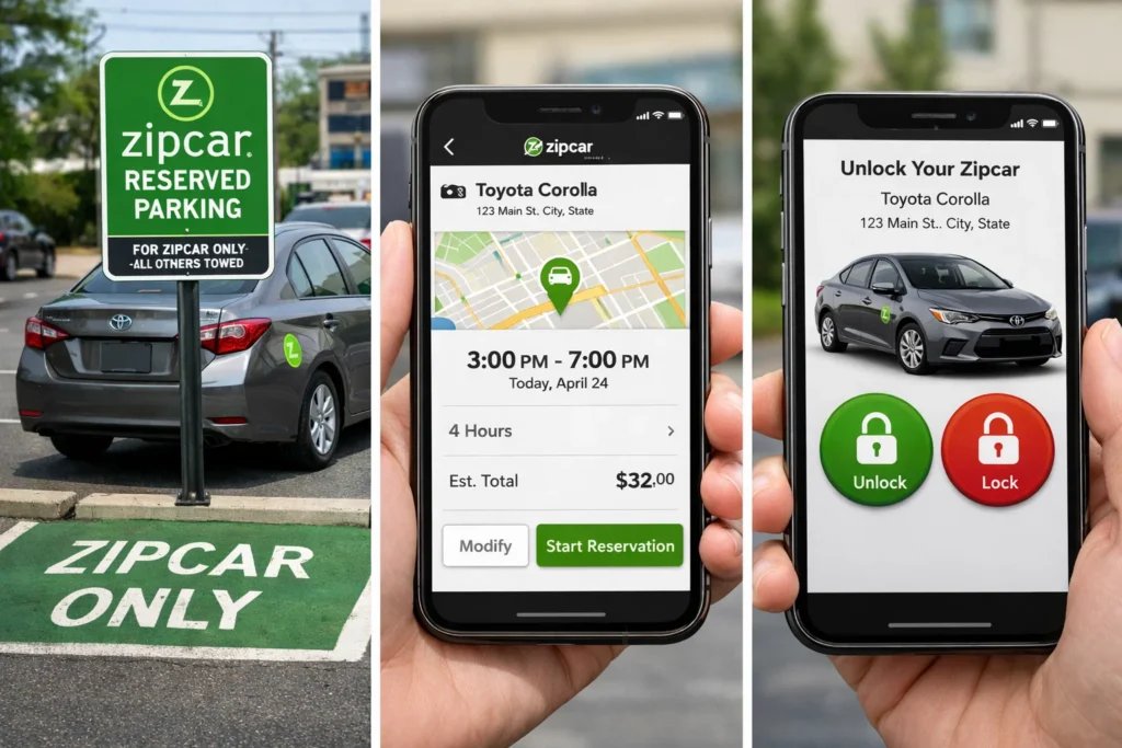 Zipcar car sharing experience showing reserved parking spot, mobile app reservation summary with time and cost, and contactless car unlock feature using the Zipcar app.