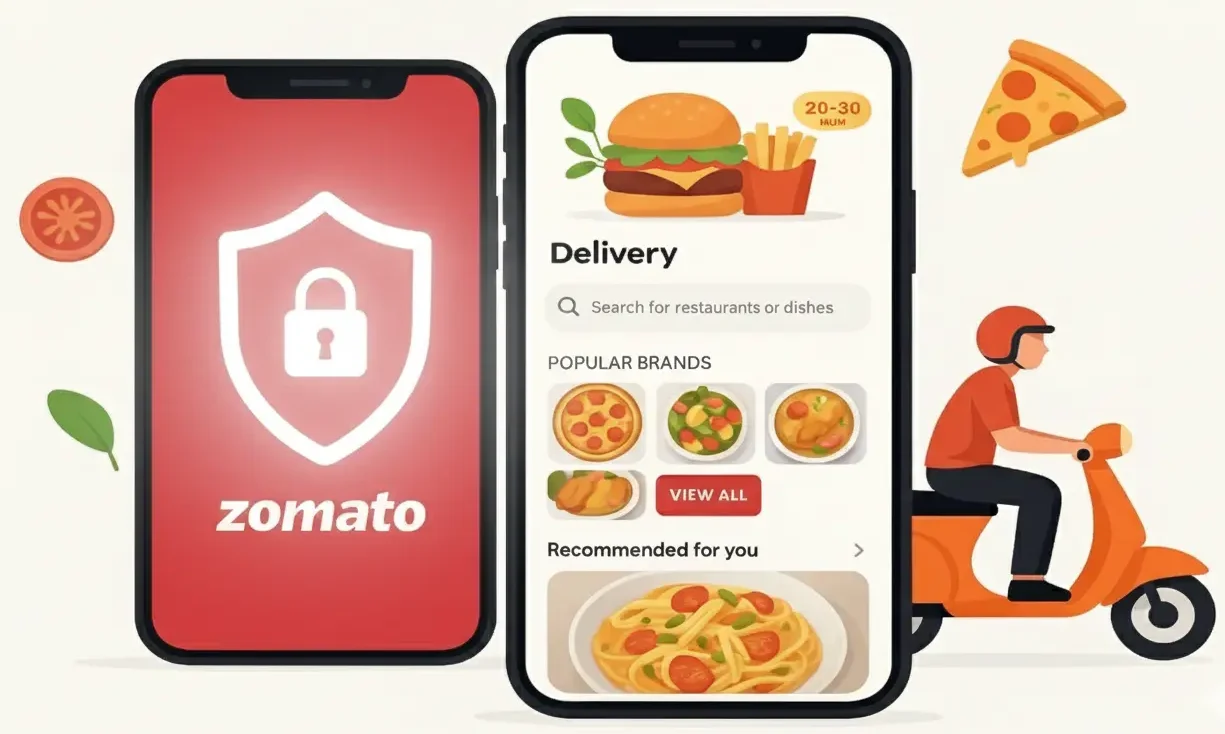 Zomato food delivery app interface with secure payment shield and delivery rider illustration showing app security