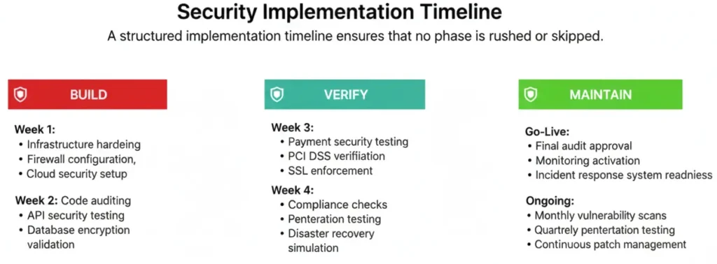 Security implementation timeline for white-label Zomato app showing build, verify and maintain phases with weekly security tasks