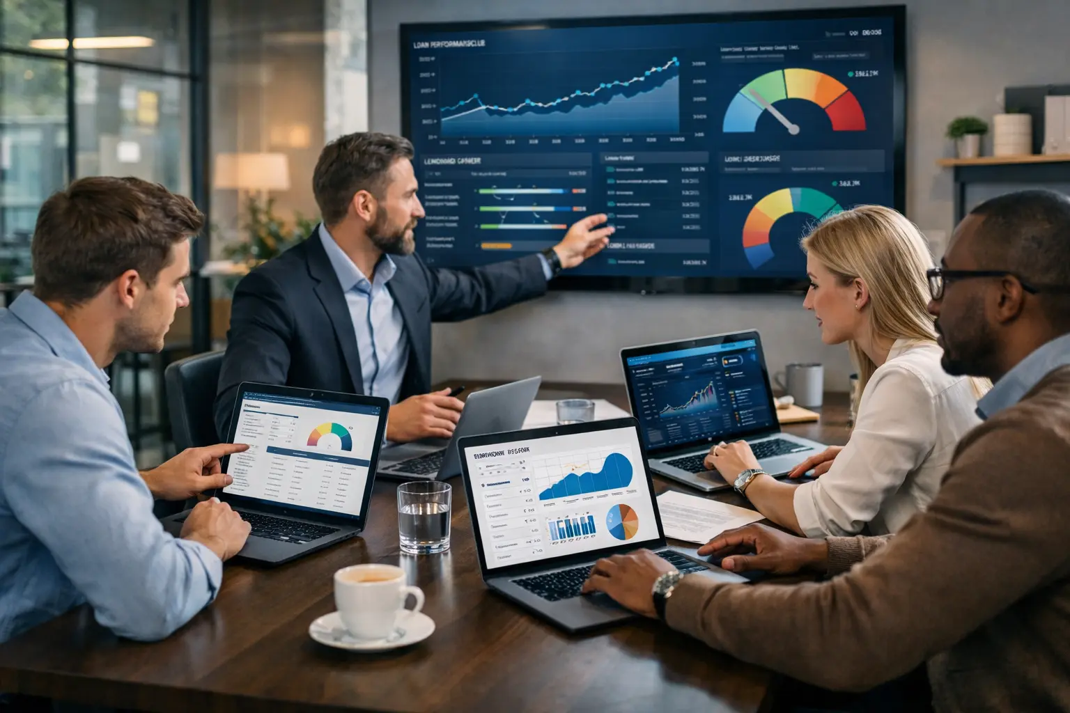 Fintech team collaborating on a LendingClub Clone Script with loan dashboards and risk analytics.