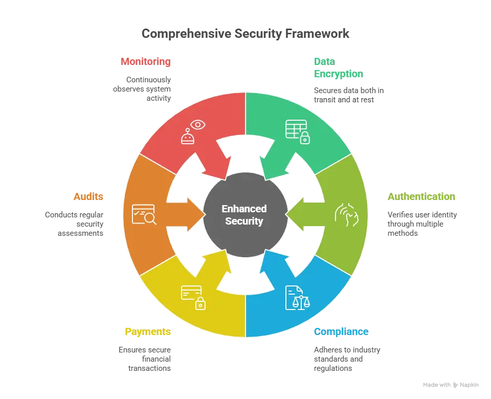White-label 9flats app security framework showing monitoring, data encryption, authentication, payments, compliance, and API protection