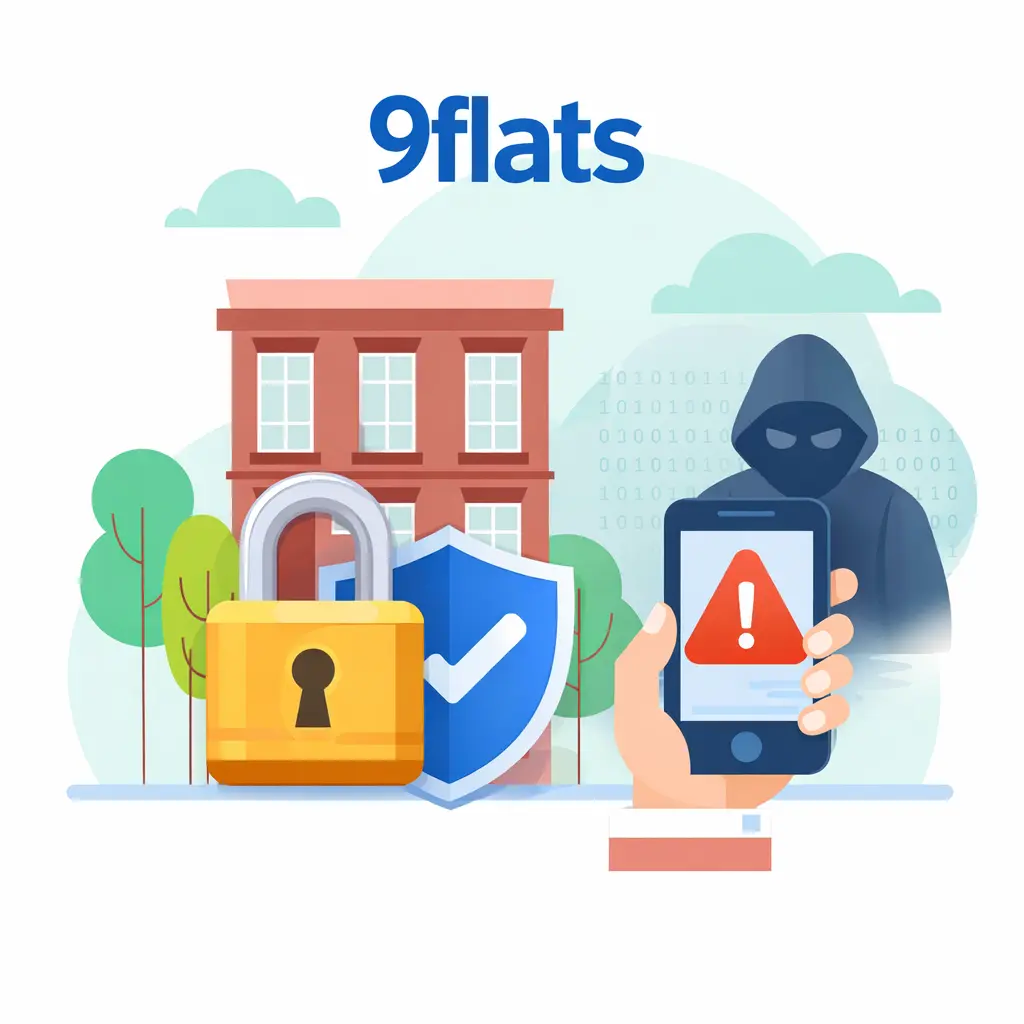 White-label 9flats app security illustration showing data protection, secure property access, and cyber threat warning