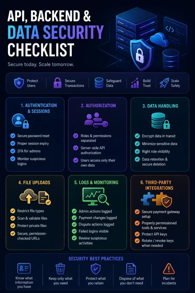 Cybersecurity infographic showing API, backend, and data security checklist for modern web and mobile applications with authentication, authorization, data handling, monitoring, and secure integrations.