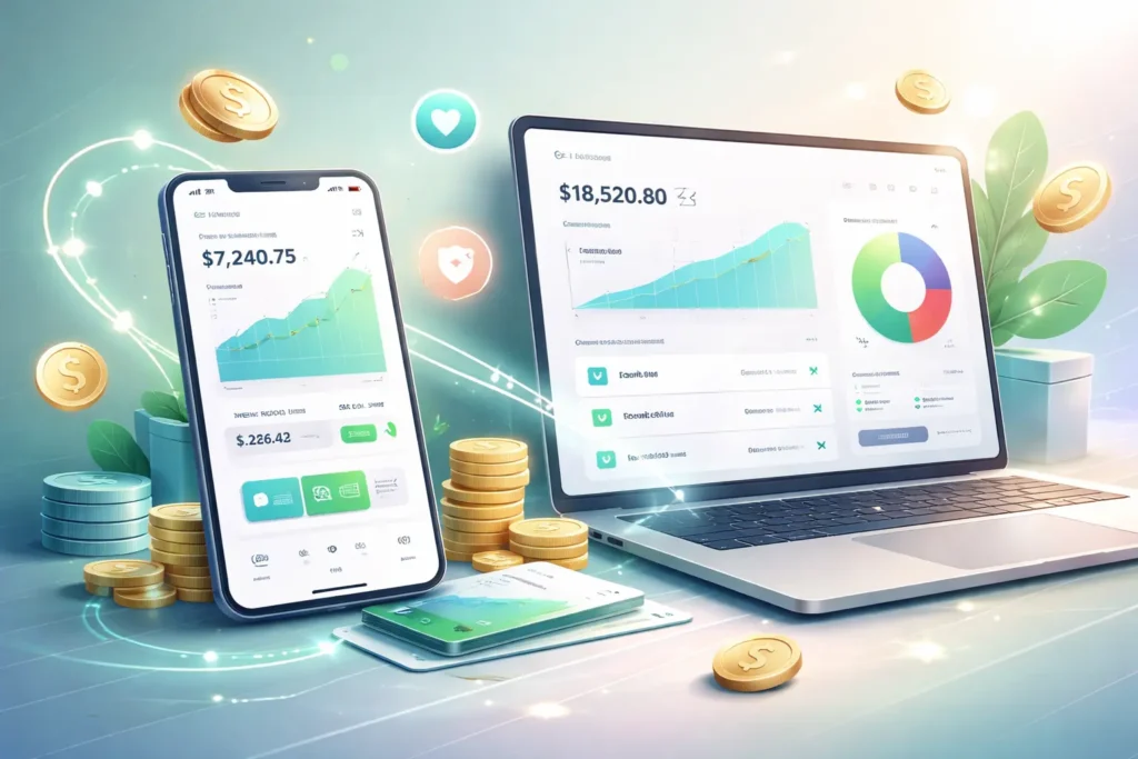 Acorns clone Script micro-investing app illustration showing automated round-ups and saving dashboard by Miracuves