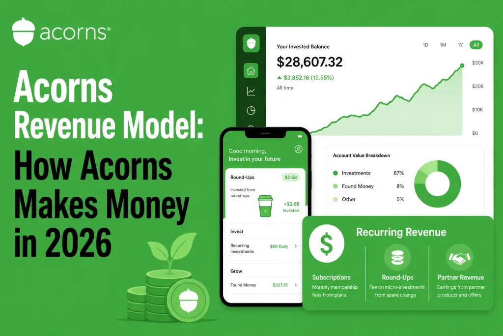 Acorns revenue model infographic showing how the fintech investing app makes money through subscriptions, round-ups, and partner revenue in 2026