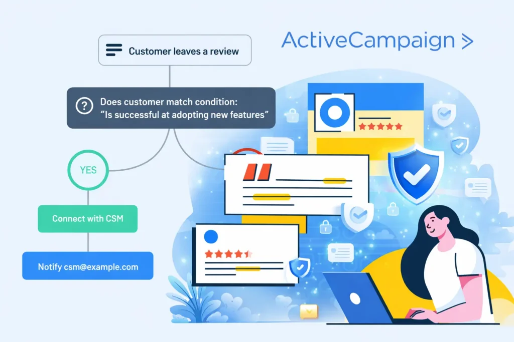 Illustration showing ActiveCampaign app automation flow with customer review trigger, decision step, CSM connection, and secure notification process