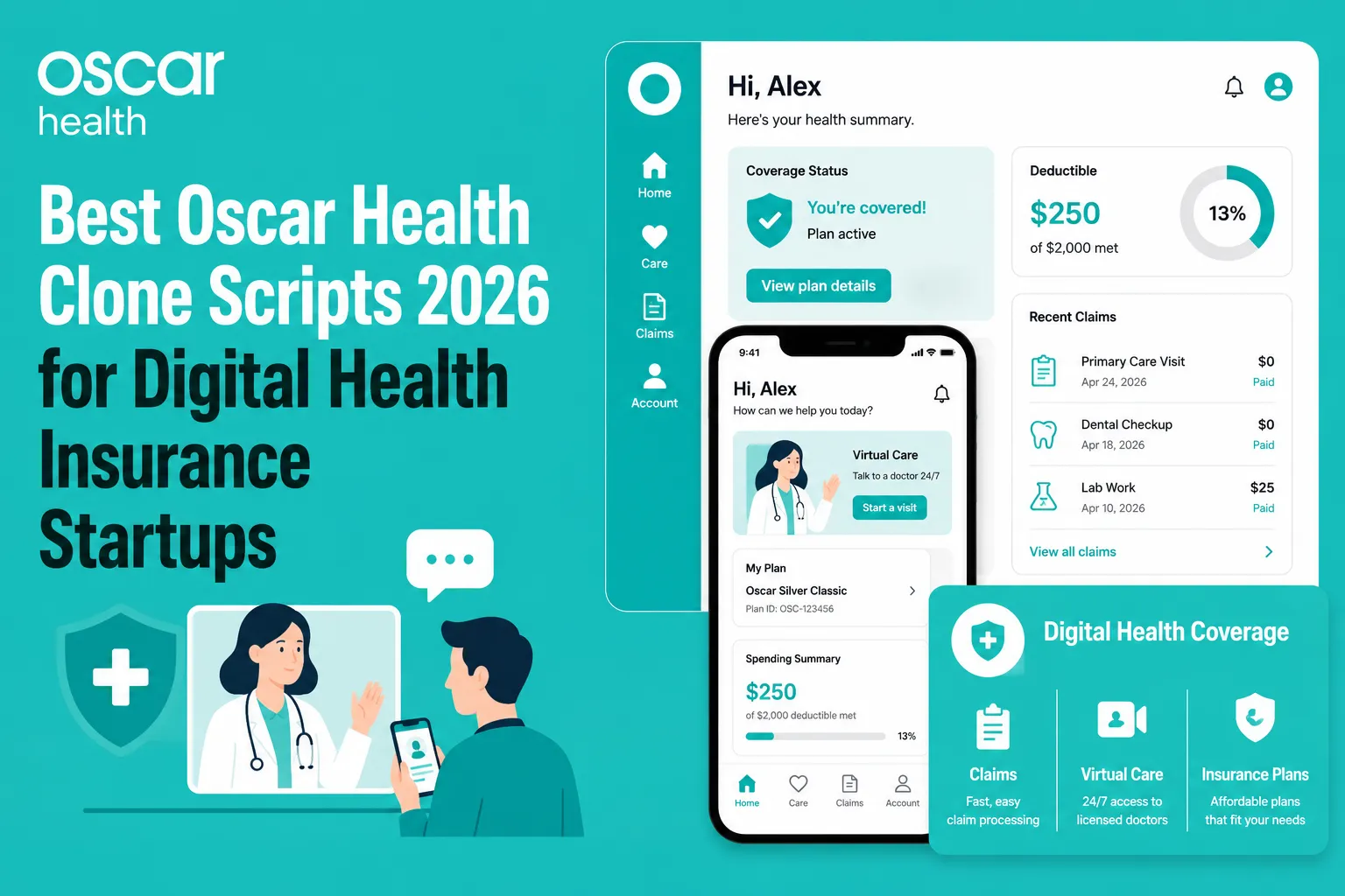 Oscar Health clone app interface showing digital health insurance dashboards, virtual care, claims management, and healthcare coverage features
