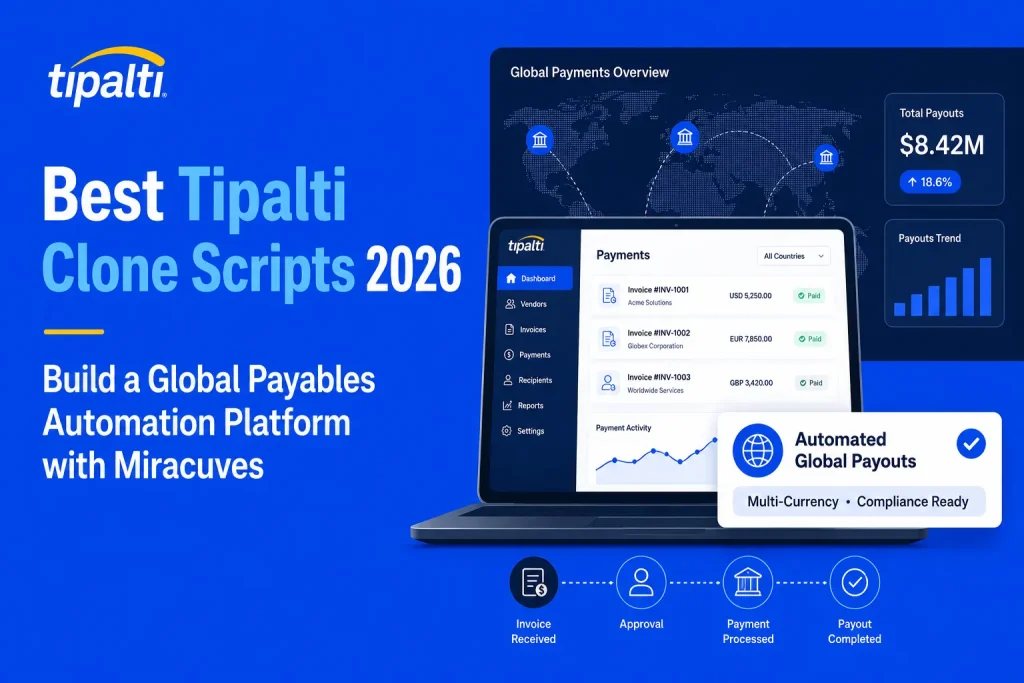 Tipalti clone script infographic showing global payouts automation, multi-currency payment workflows, invoice management, and compliance-ready fintech platform in 2026