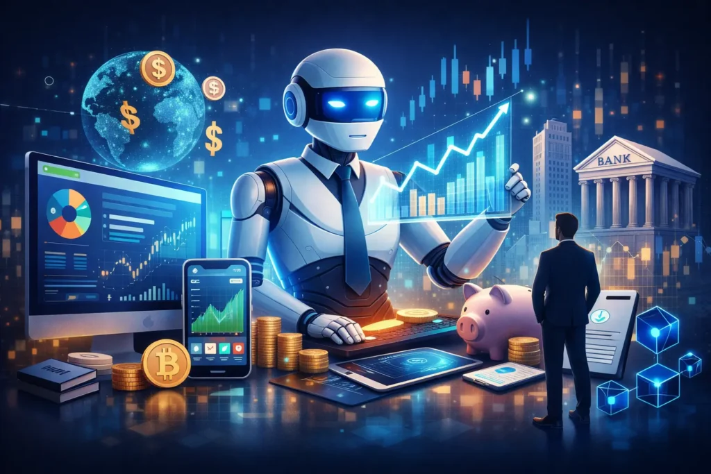 Futuristic AI-powered robo-advisor managing digital investment charts and financial dashboards for a Betterment Clone script.