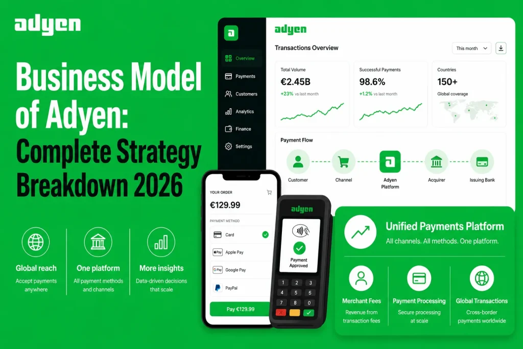 Adyen business model infographic showing unified payment platform dashboards, payment processing, merchant fees, and global transaction workflows