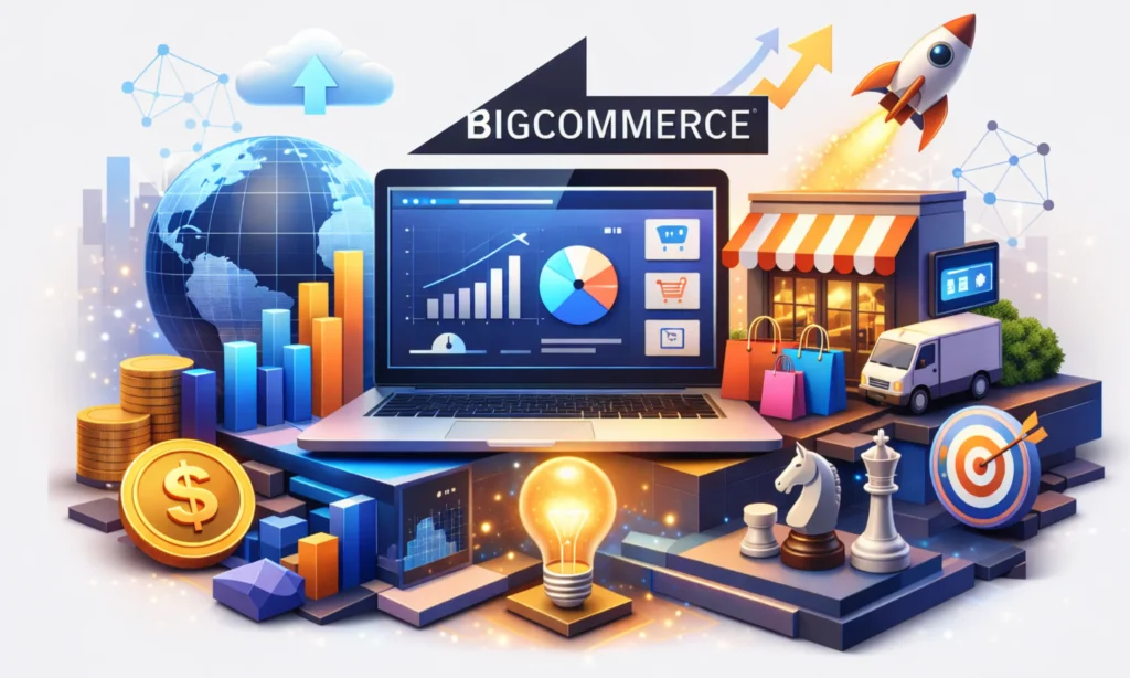 Business model of BigCommerce illustrated through a modern ecommerce platform ecosystem with analytics, storefront, logistics, and global scalability concepts in 2026
