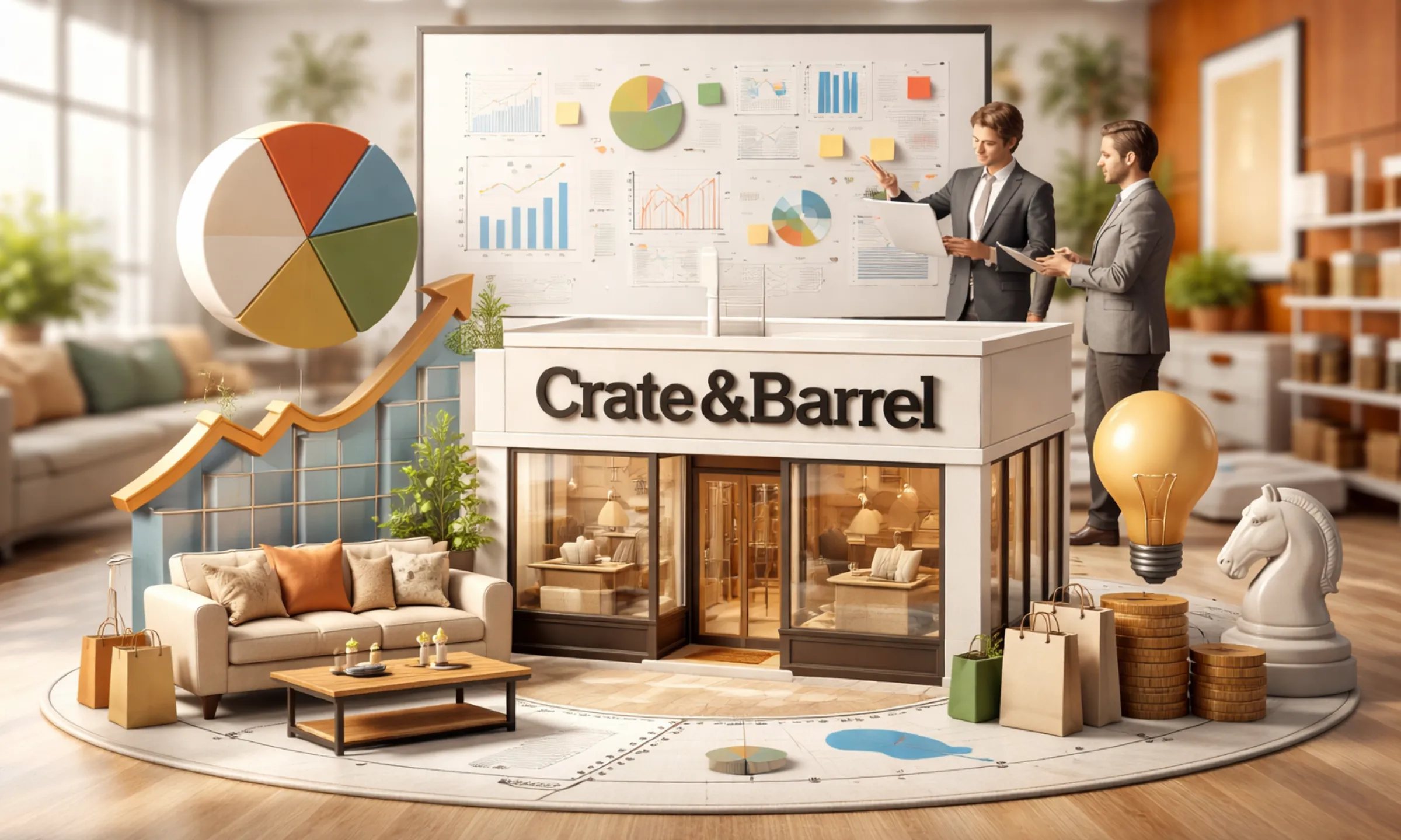 Business model of Crate & Barrel showing retail store, revenue growth charts, and strategy elements in 2026