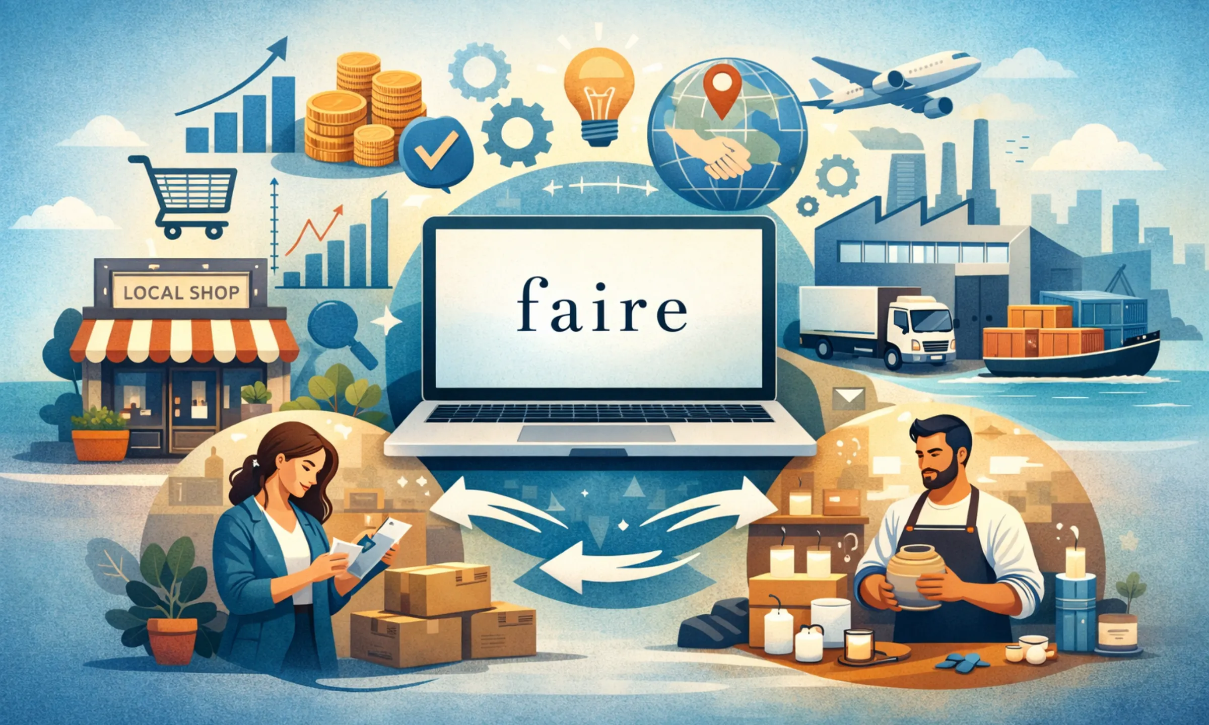 Illustration showing how Faire connects retailers and independent brands through a B2B wholesale marketplace with ordering, logistics, and global trade flow Business Model of Faire .