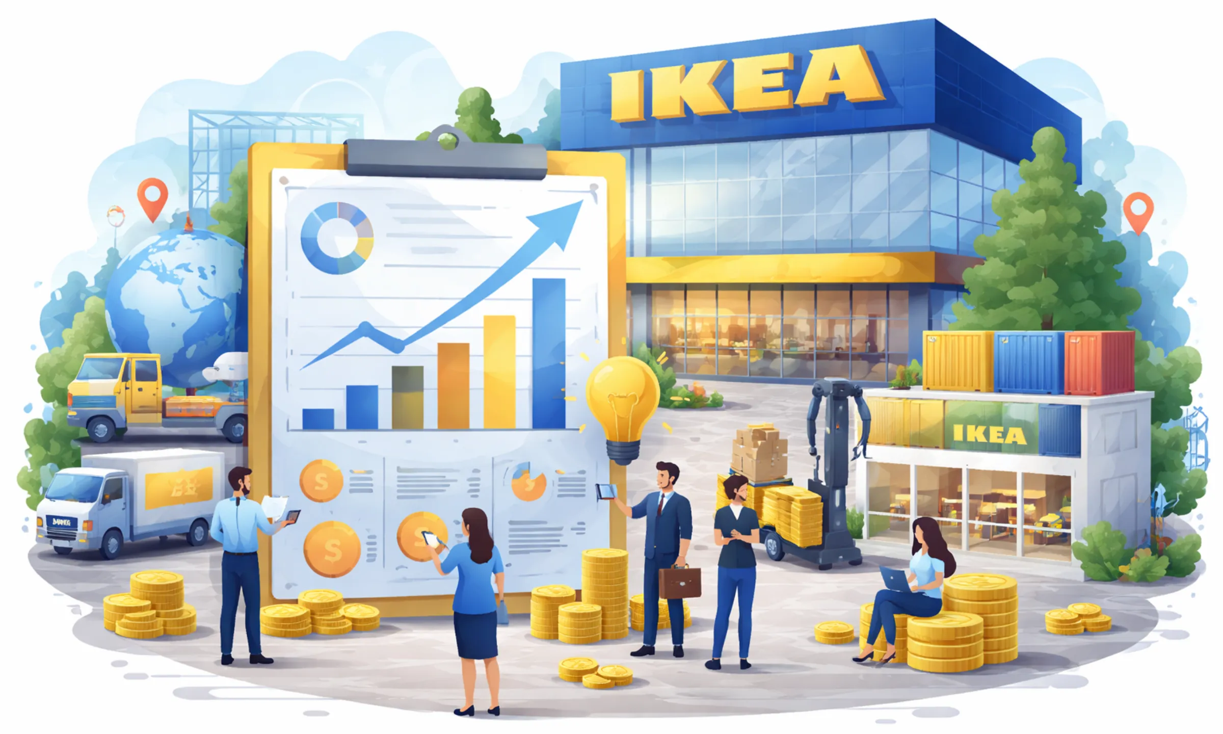 Feature image showing IKEA store with growth chart, logistics trucks, warehouse boxes, and business strategy visuals representing IKEA’s business model of IKEA