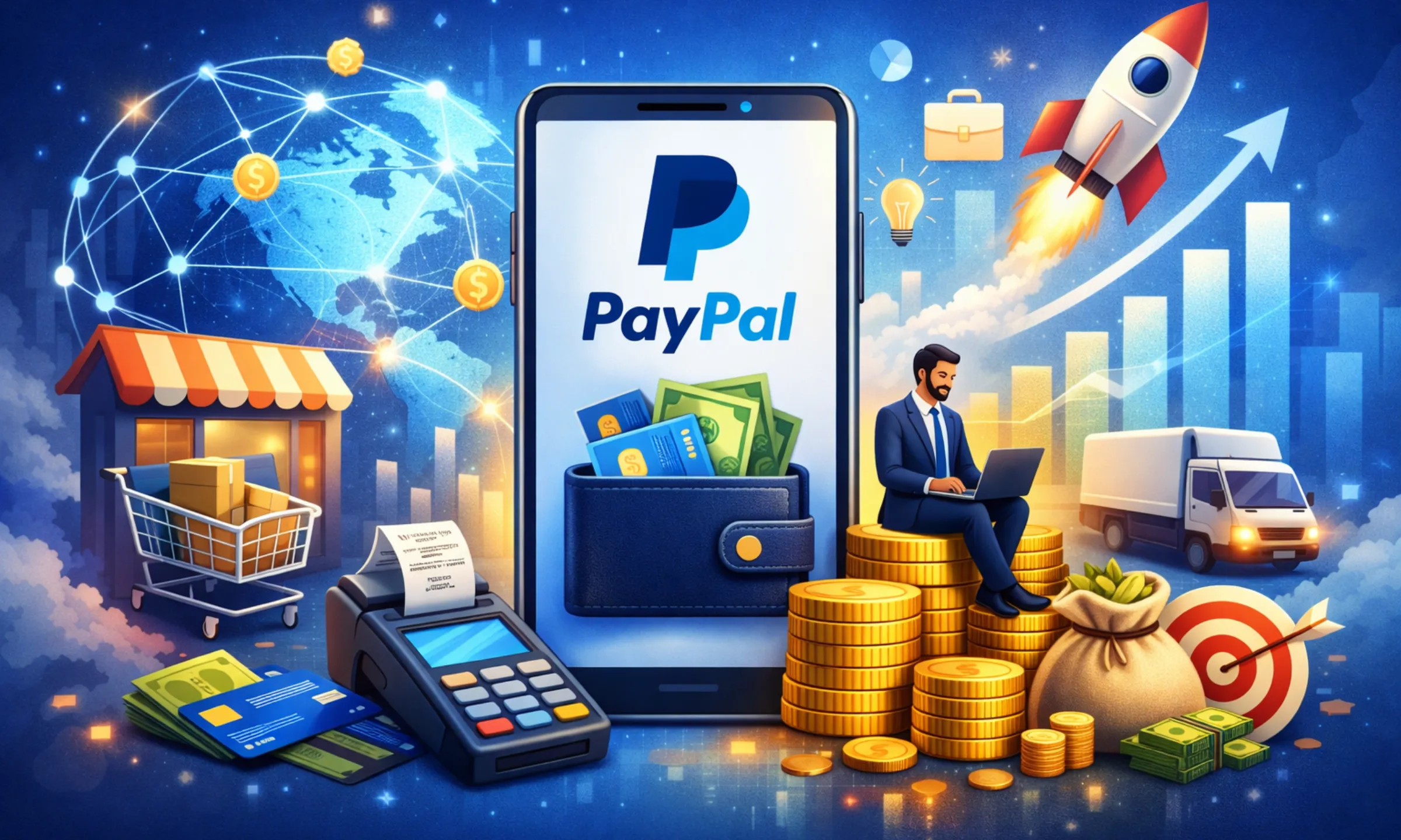 Feature image showing PayPal digital payments ecosystem with global transactions, ecommerce, and growth visuals .Business Model of PayPal