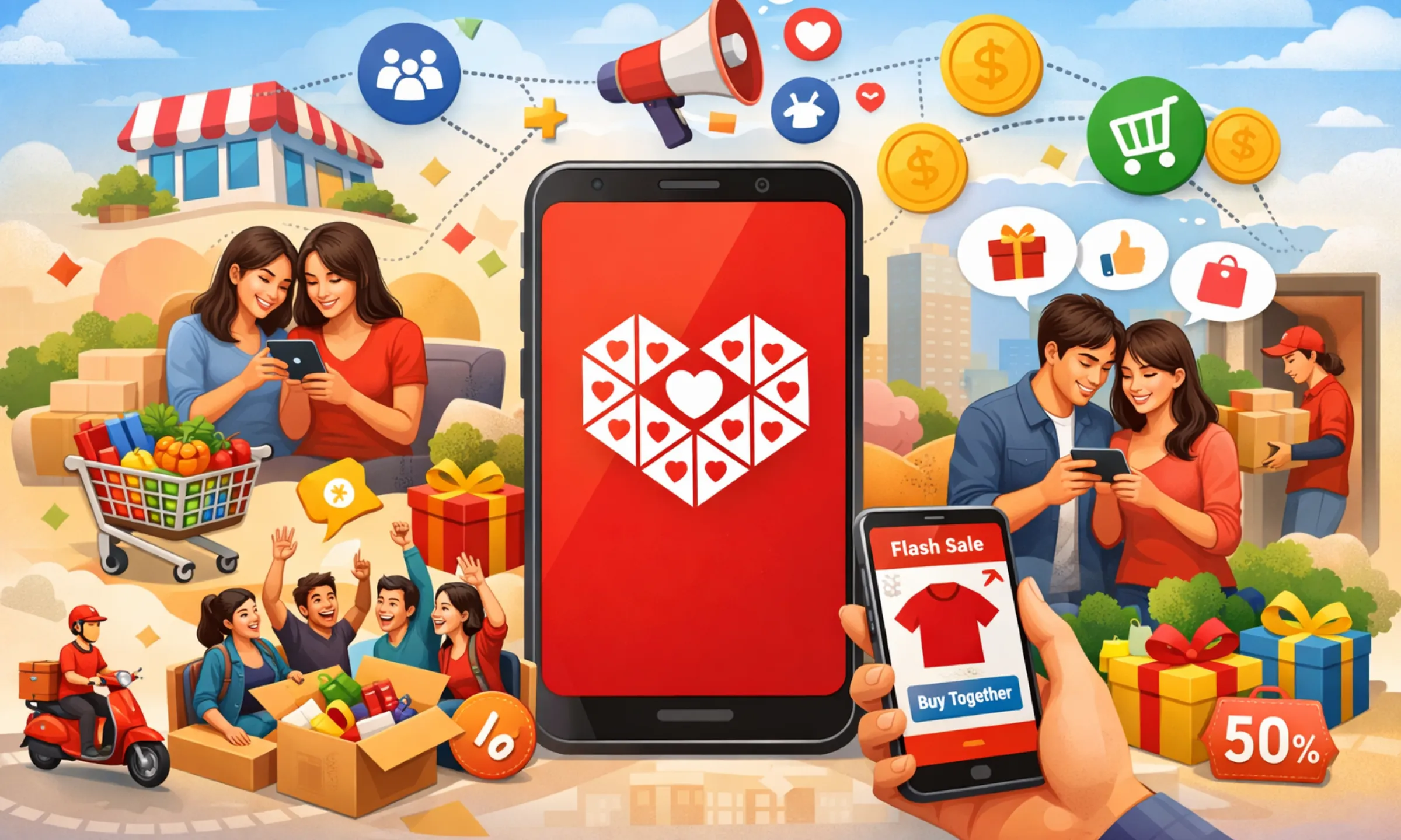 Illustration showing Pinduoduo’s social commerce business model with group buying and shared shopping experiences Business Model of Pinduoduo