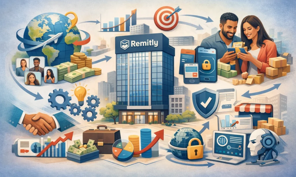 Illustration showing business model of Remitly in 2026 with global money transfers, digital finance, partnerships, security, and growth strategy