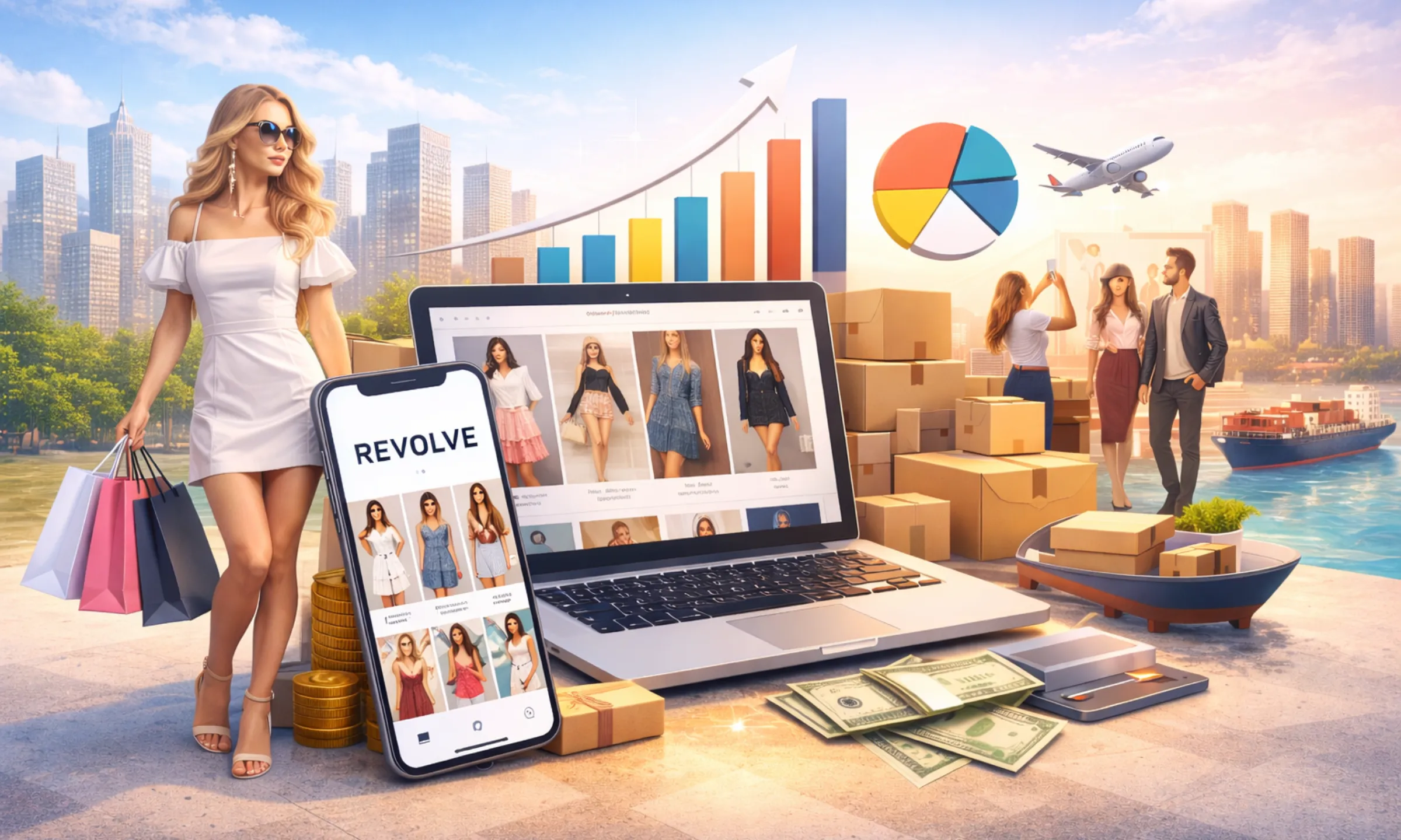 Feature image showing Revolve app shopping interface with ecommerce growth charts, logistics boxes, and fashion retail concept Business Model of Revolve: