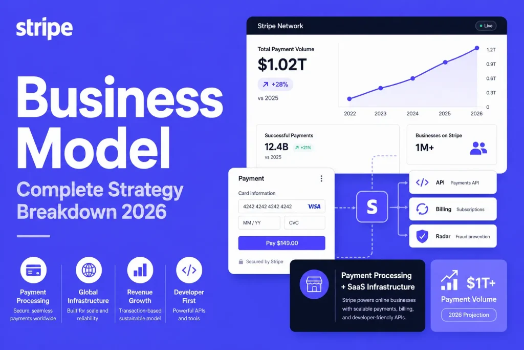 Stripe business model infographic showing payment processing infrastructure, API ecosystem, SaaS billing tools, and global payment volume growth in 2026