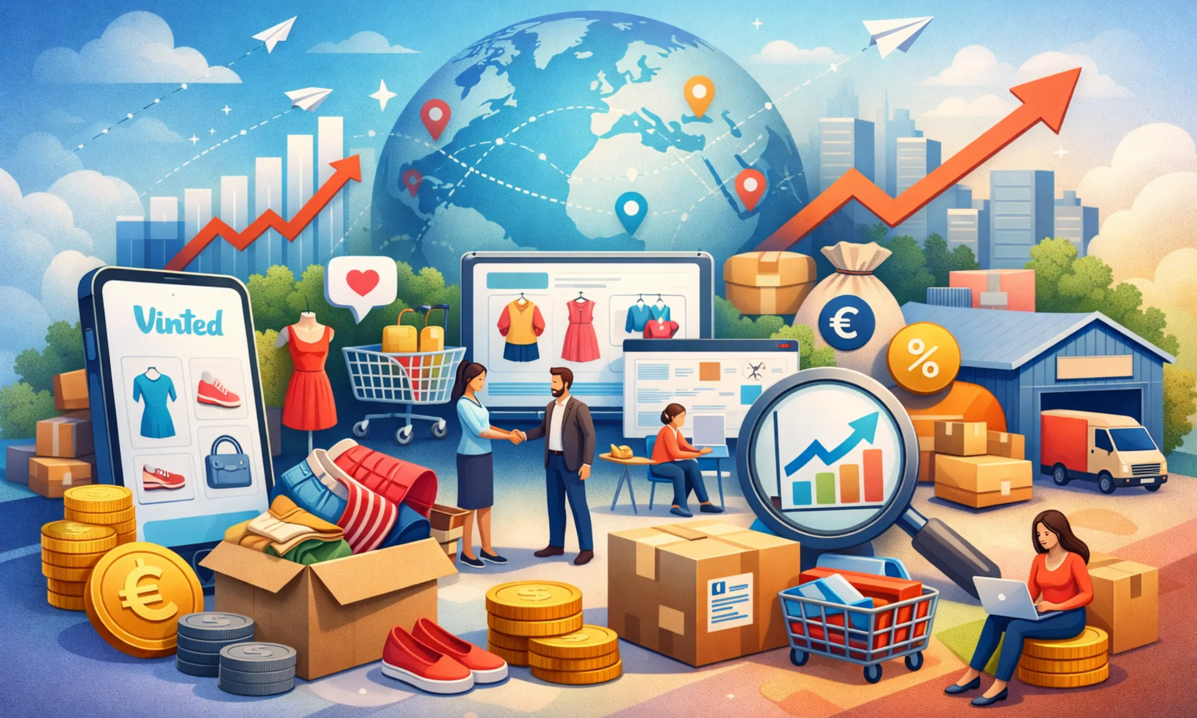 Business model of Vinted showing peer-to-peer resale marketplace with buyer protection, logistics, and trust-driven monetization