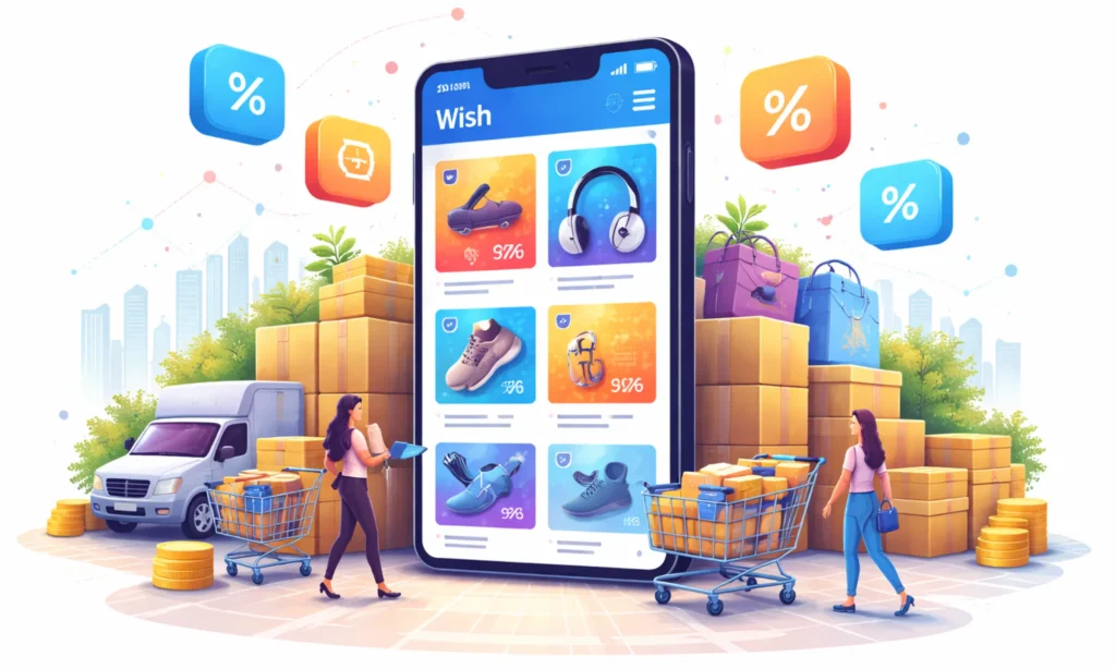 Business model of Wish showing feed-based discount shopping, global sellers, and algorithm-driven ecommerce discovery