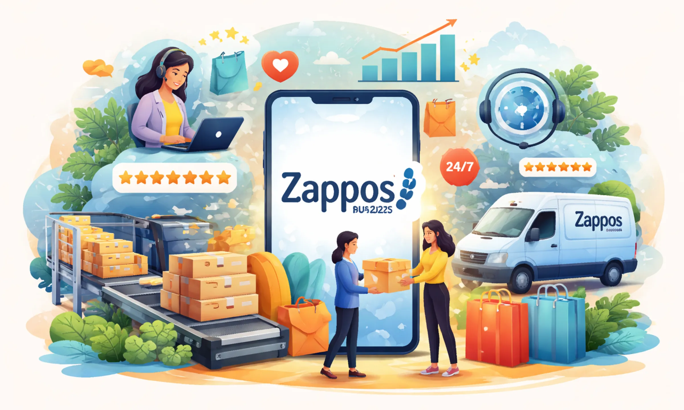 business model of Zappos 2026 showing customer-first ecommerce, fast delivery, easy returns, and service-driven growth ecosystem