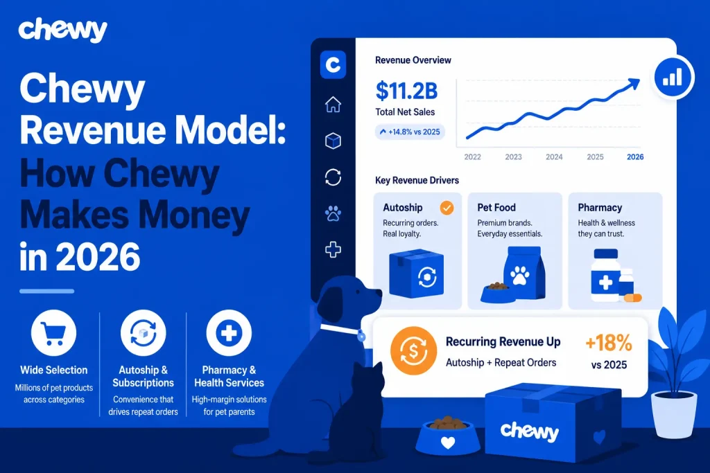 Chewy revenue model dashboard showing pet food sales, autoship subscriptions, pharmacy services, recurring revenue growth, and ecommerce pet business analytics.