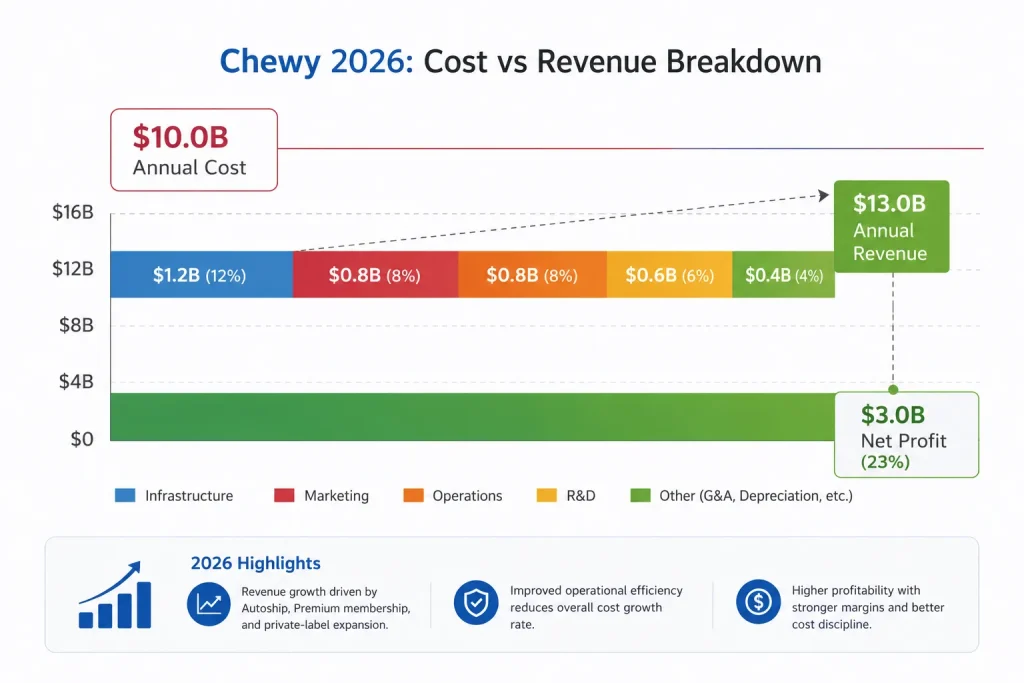 Chewy 2026 cost vs revenue breakdown chart showing annual revenue, operational costs, infrastructure spending, marketing, R&D, and net profit growth.