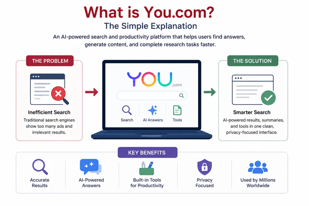 You.com infographic explaining AI-powered search, productivity tools, smart answers, privacy-focused browsing, and key platform benefits