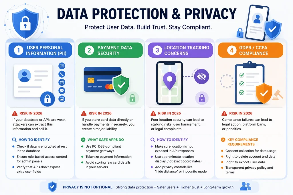 How Safe is a White-Label Bumble App? Risks, Compliance & Protection 1 Data protection and privacy infographic showing PII security, payment data protection, location privacy, and GDPR compliance risks