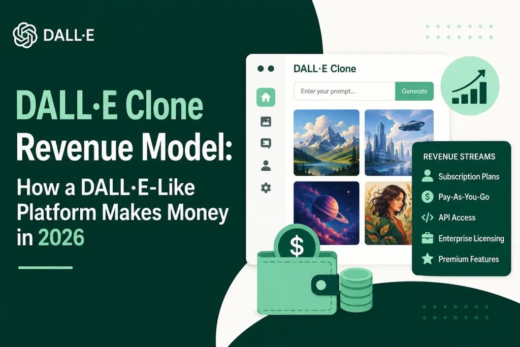 Infographic showing DALL·E clone revenue model with subscription plans, API access, enterprise licensing, and AI image generation platform earnings