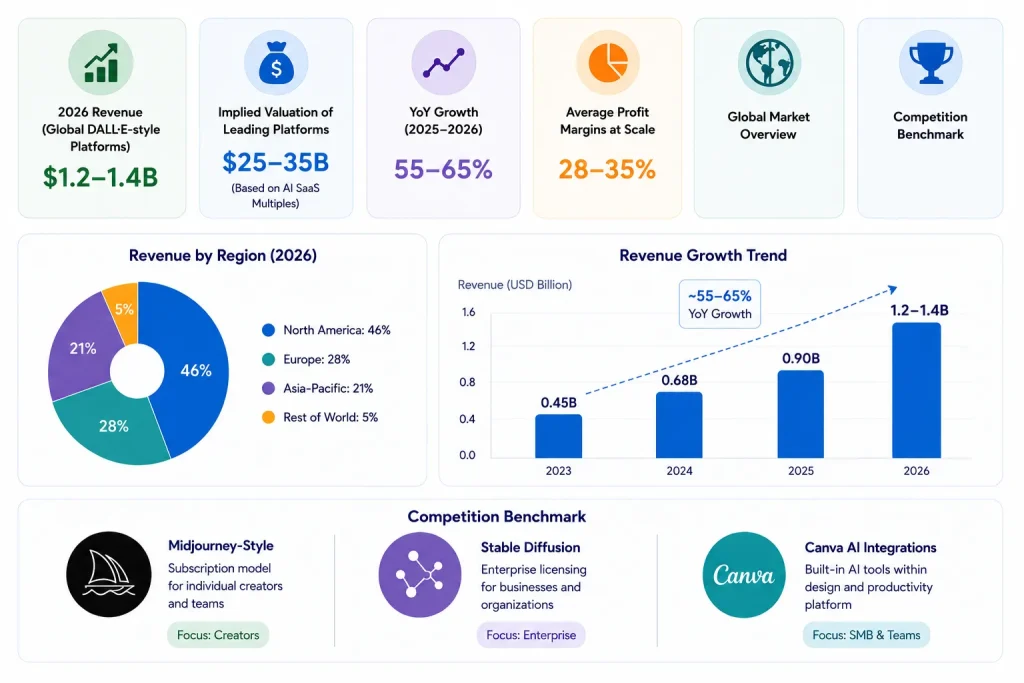 DALL·E Clone Revenue Model: How a DALL·E-Like Platform Makes Money in 2026 1 Infographic showing DALL·E-style AI platform revenue growth, regional market share, valuation benchmarks, and competition analysis