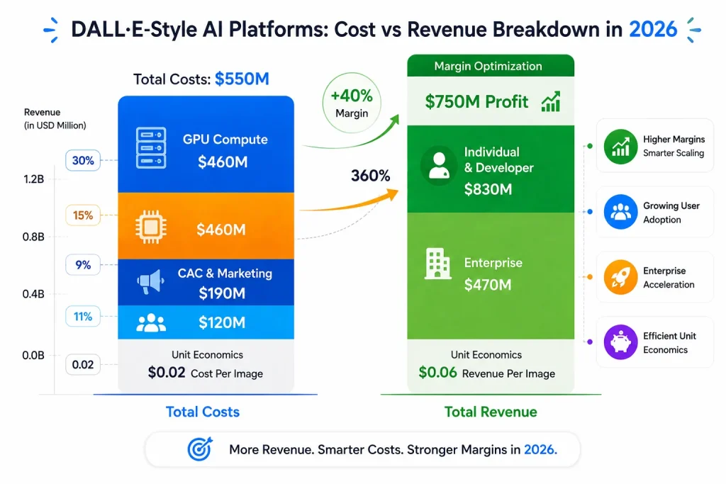 DALL·E Clone Revenue Model: How a DALL·E-Like Platform Makes Money in 2026 2 Infographic comparing DALL·E-style AI platform costs, revenue streams, GPU compute expenses, enterprise revenue, and profit margins in 2026