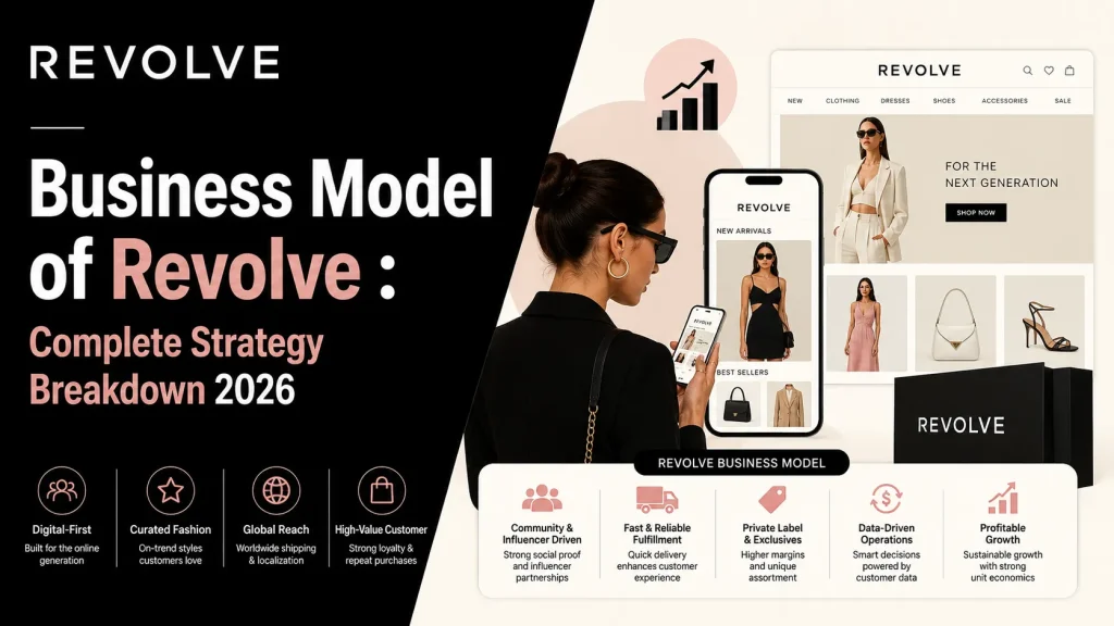 Revolve business model infographic showing digital fashion commerce, influencer marketing, fulfillment, and profitable growth strategy