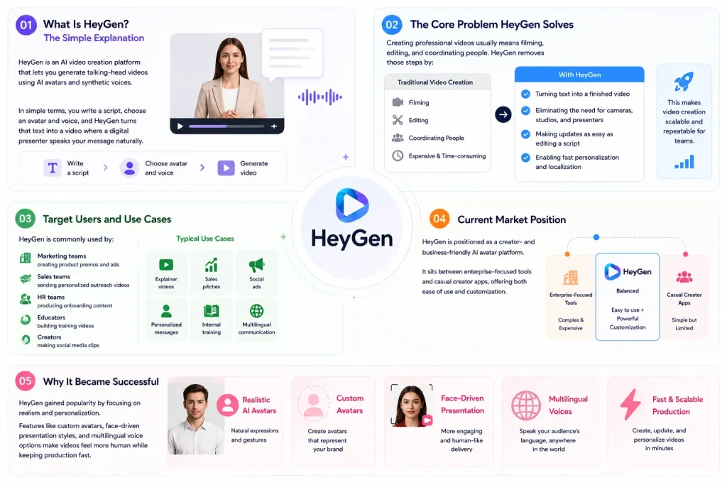 Comprehensive HeyGen infographic showing AI video creation workflow, use cases, target users, multilingual avatars, and scalable content production