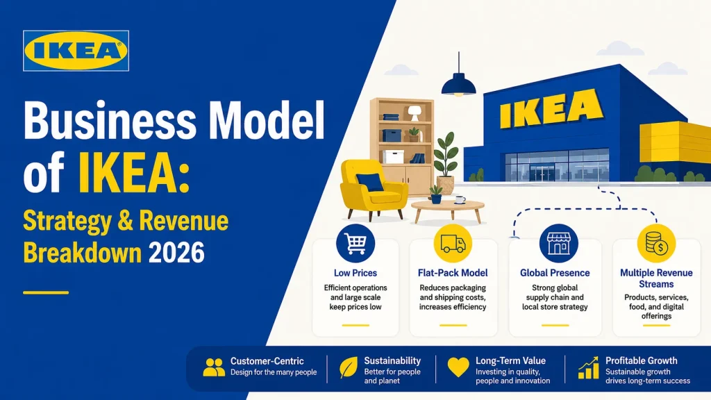 IKEA business model infographic showing flat-pack furniture strategy, global retail operations, and multiple revenue streams