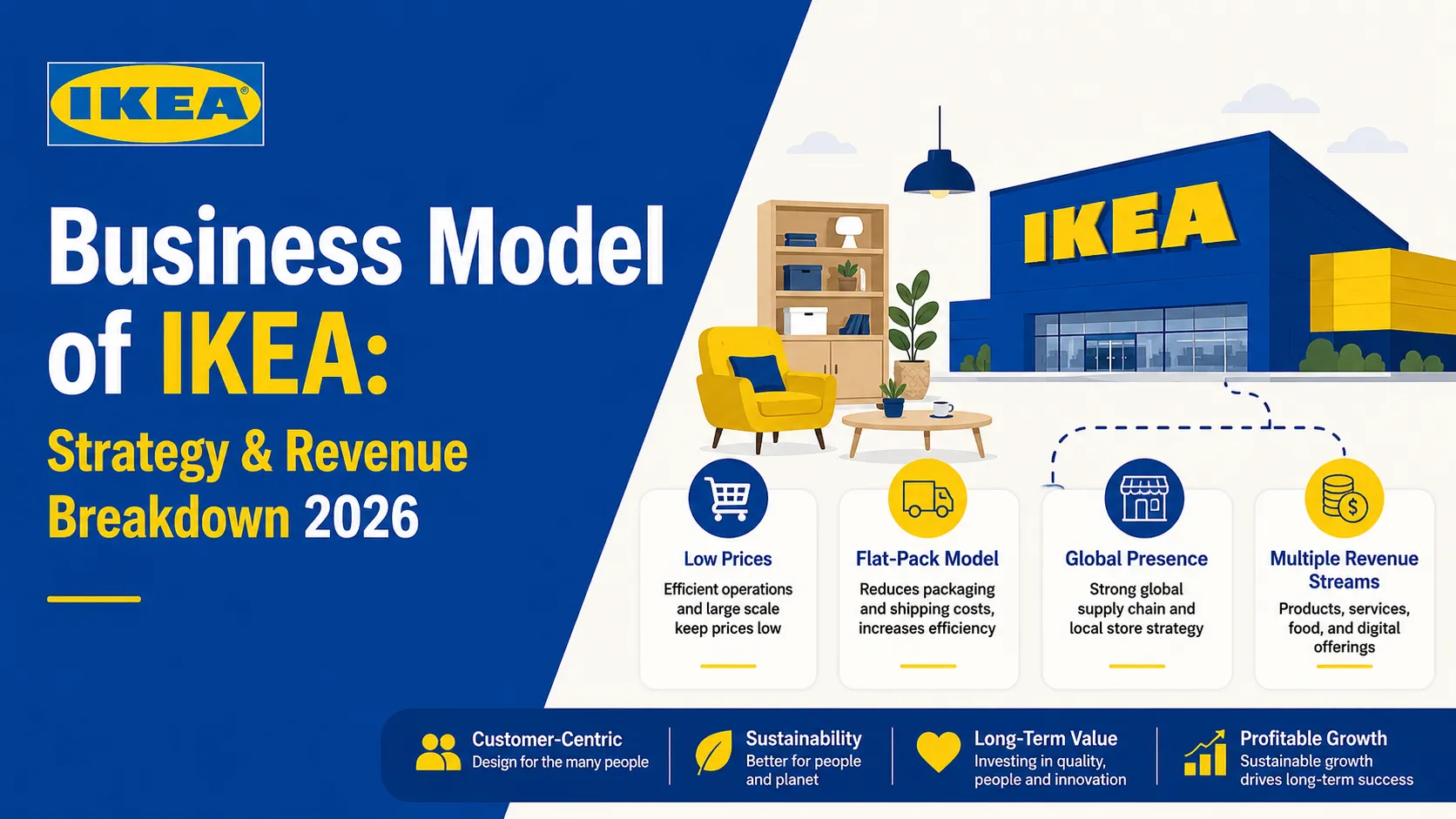 IKEA business model infographic showing flat-pack furniture strategy, global retail operations, and multiple revenue streams